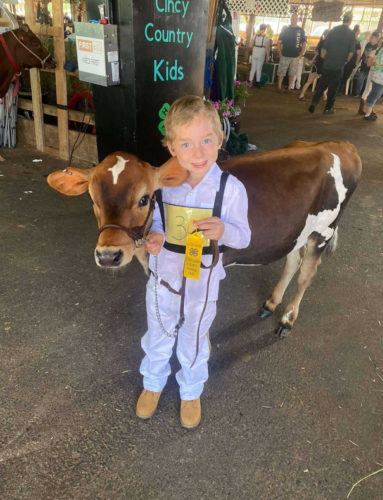 A young child in a white outfit stands next to a brown and white cow, holding a yellow ribbon at a county fair. The background features a barn setting with people and livestock, showcasing a rural community event.