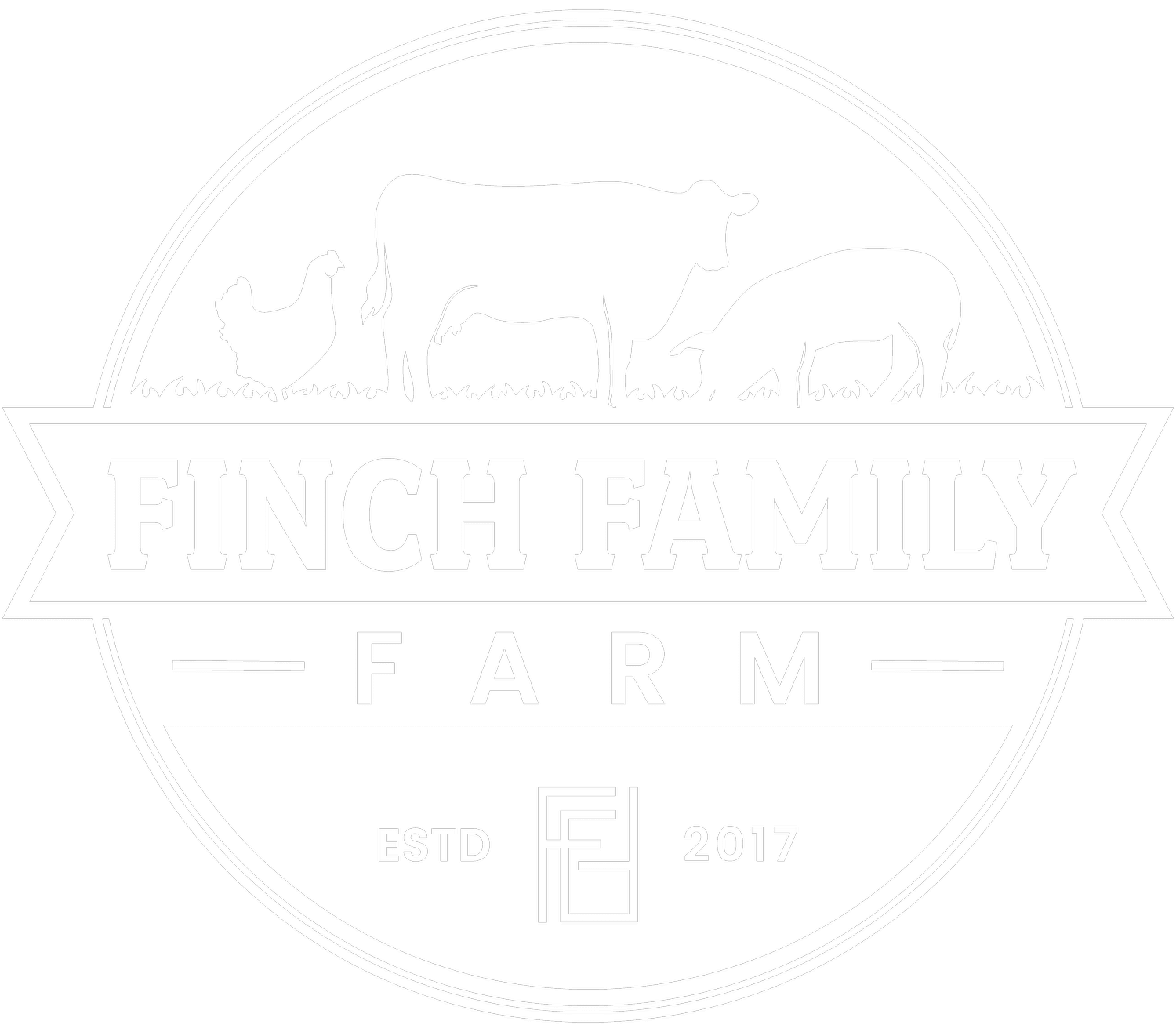 Logo of Finch Family Farm featuring a chicken, cow, and sheep, established in 2017, representing sustainable farming practices and family-owned agriculture.