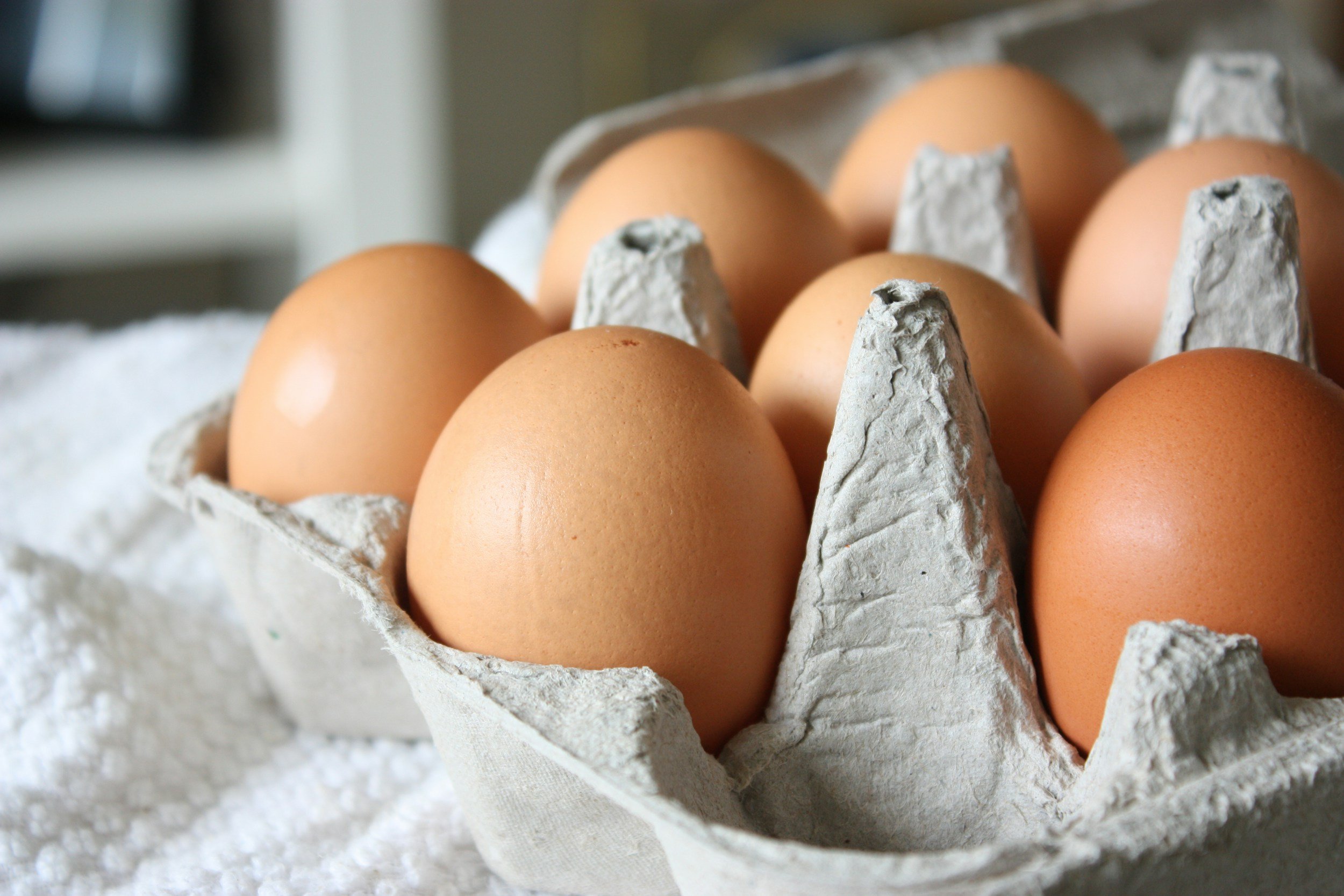 Brown eggs in a cardboard carton on a textured white surface, showcasing fresh, organic eggs ready for cooking or baking.